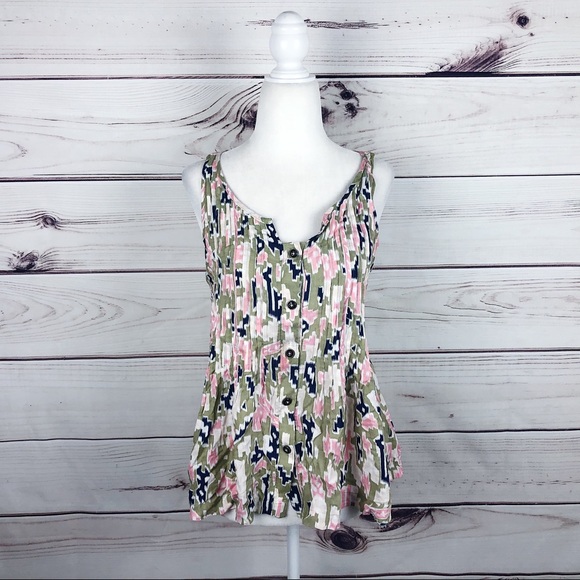 MAEVE Green Pink Ikat Soana Pleated Tank Top 4 - Picture 2 of 7